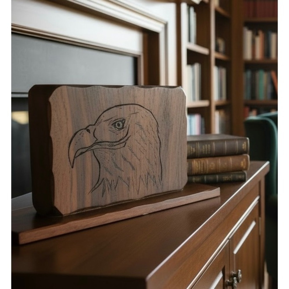 Vintage Handcrafted Wood Eagle Head Carving Rustic Live Edge Desk Plaque 15in